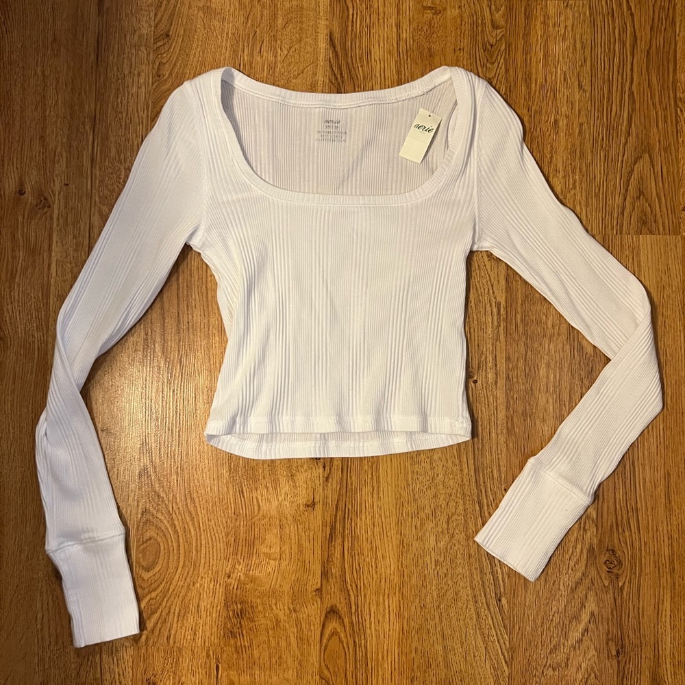Aerie, White Ribbed, Long Sleeve, Square Neck, Size XS